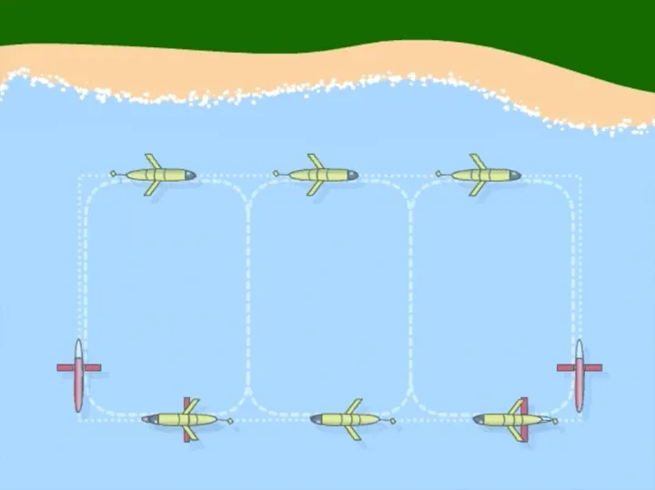 This coordinated group of gliders were used off the coast of Monterey Bay, CA. Programmed to behave like groups of animals that function together in the wild, the robots can decide where to go and how to move in order to get the best data possible with in
