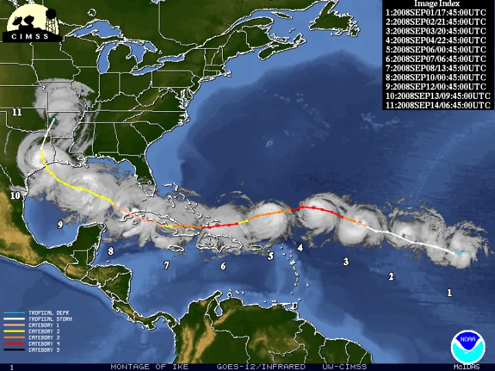 Snapshots of Hurricane Ike over several days