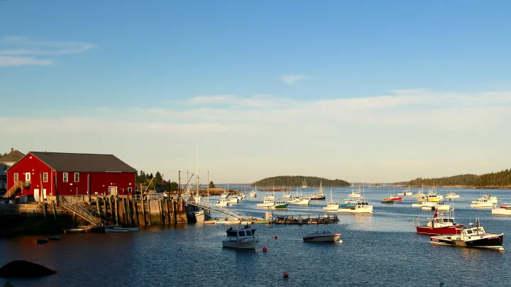 lobster boats moored in the harbor