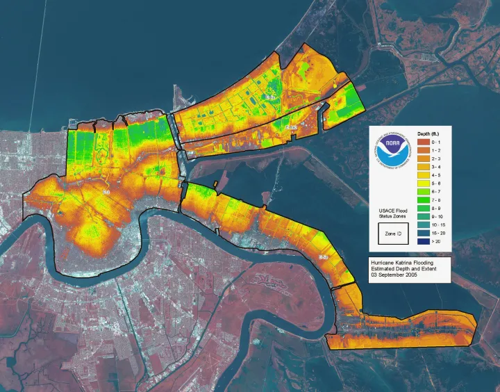 A map shows flood depth after Hurricane Katrina.
