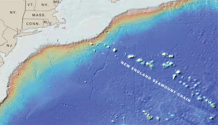 The New England Seamount Chain is the longest in the North Atlantic Ocean and includes peaks of more than 30 extinct volcanoes.