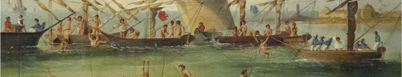 an oil painting of naked men diving from wooden ships down to the seafloor